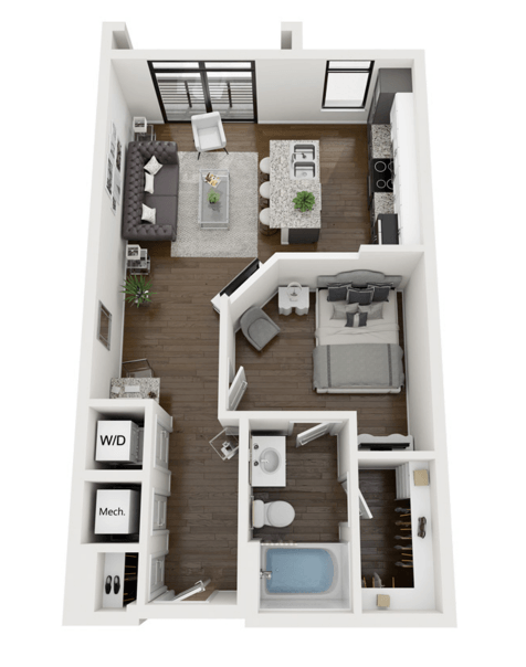 Floor plan for 1 bed, 1 bath, 601 sqft